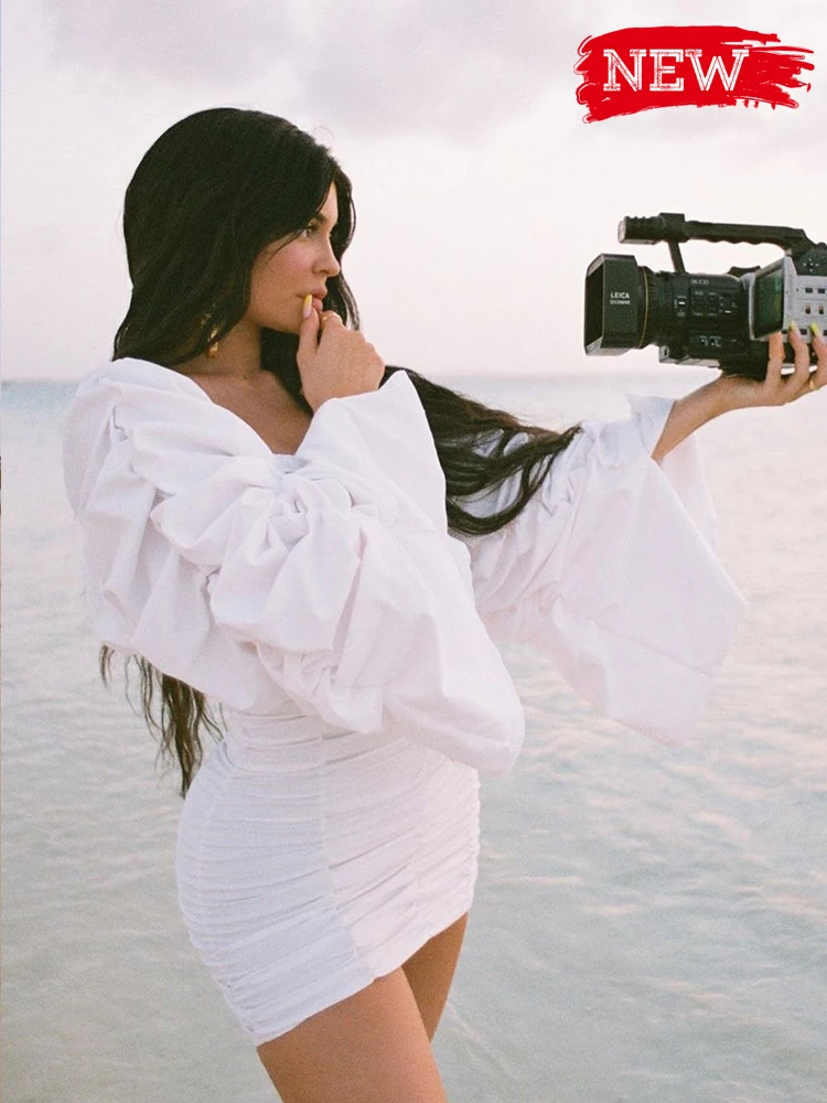 Зимнее белое шелковое платье с рюшами для Kyliejenner, длинные рукава, мини вечерние женские платья, новинка