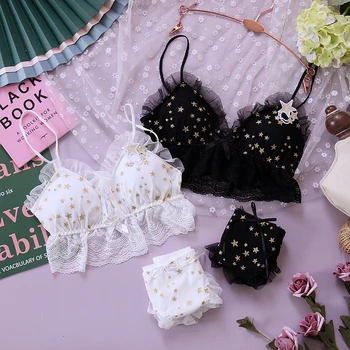 

Wriufred Girl Sleep Bra Sweet Mesh Lace Sling Bra Set Embroidery Ruffle Fairy Lingerie Bronzing Stars Chiffon Tube Top Underwear