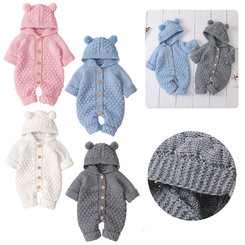 

Autumn Winter Newborn Baby Boys Girls Bear Ear Knitted Jumpsuit Hooded Sweater Warm Jumpsuit Suit Infant Hooded Button Rompers