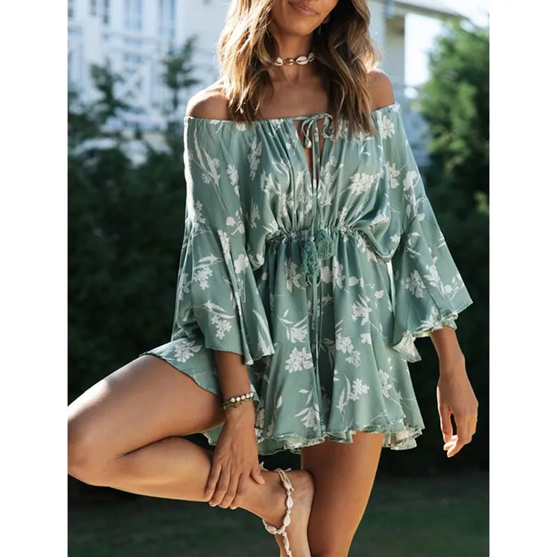 

JyoJyo Vintage off shoulder dresses women Autumn Boho floral print short dress ladies Summer dress Long flare sleeve vestidos