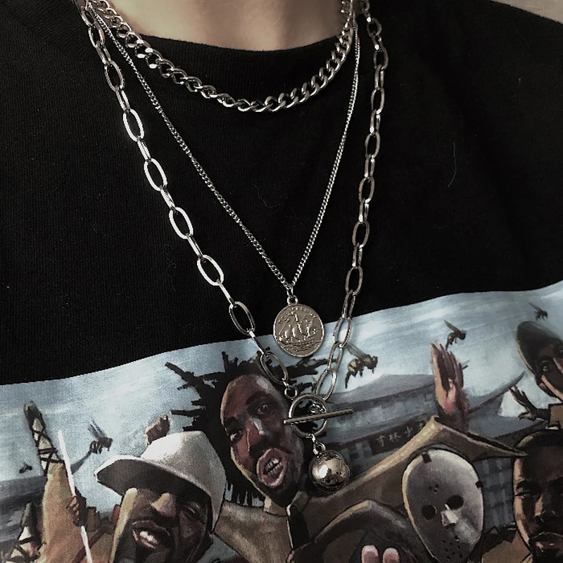 

Necklace/choker Steampunk Chain Necklace Gothic Multi Layer Stainless Steel Gold Pendants Link Curb Rock Style Couple Jewelry