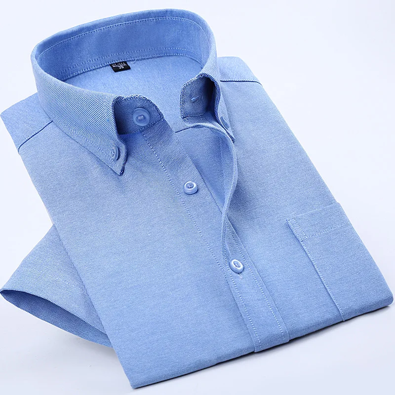Blue Short Sleeve Мужская фиолетовая оксфордская хлопковая рубашка, брендовая новая рубашка с длинным рукавом и нагрудным карманом, Мужские приталенные повседневные рубашки на пуговицах - Цвет: Blue Short Sleeve