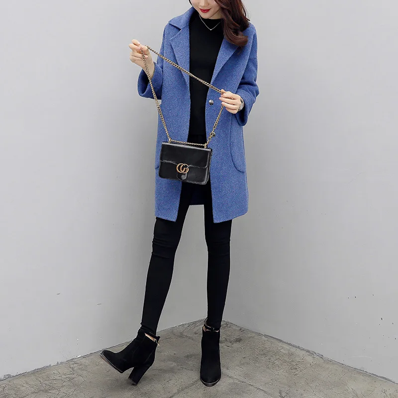 

2019 autumn and winter new women's long-sleeved woolen coat fashion lapel slim jacket jacket casual pocket kawaii jacket