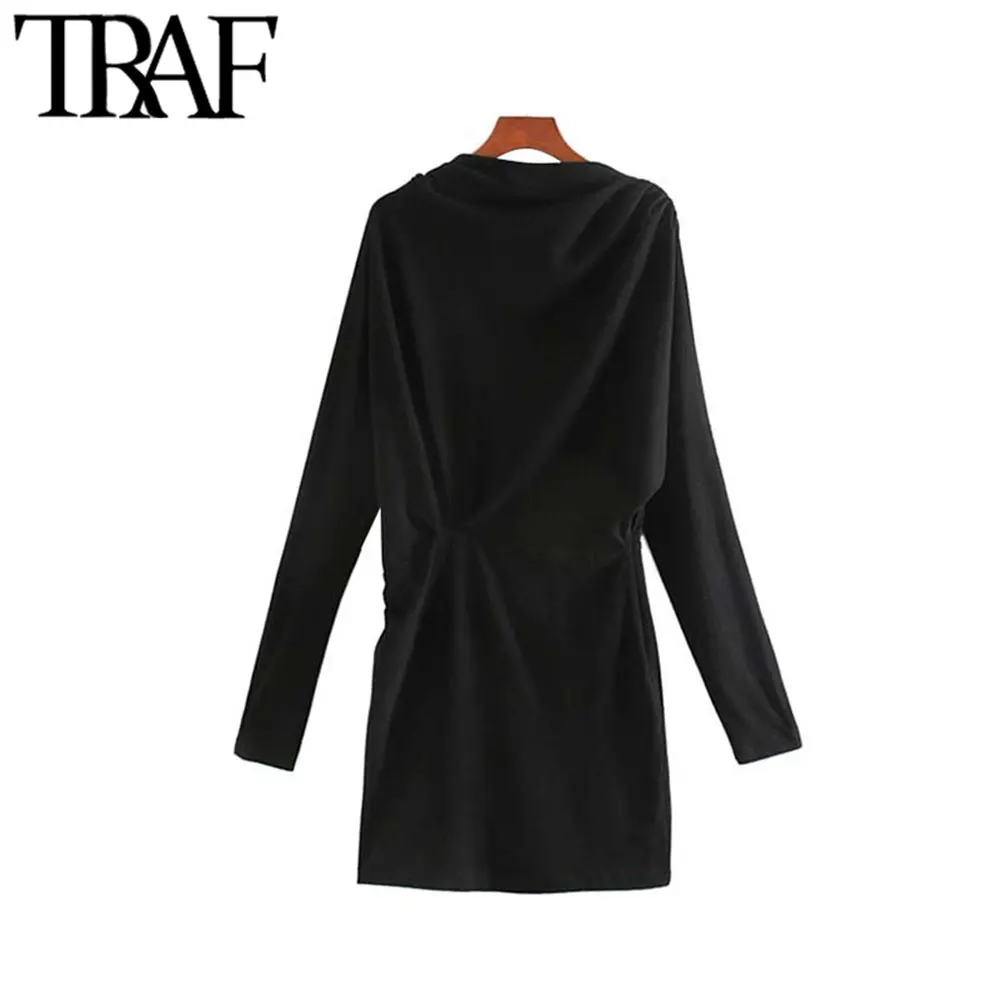 

TRAF Women Vintage Stylish Basic Pleated Sheath Mini Dress Fashion O Neck Long Sleeve Back Zipper Female Dresses Vestidos Mujer