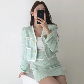 

Sanian Women Two Piece Set 2020 New Autumn V-neck Button Short Coat + High Waist Small Hip Skirt Suit Women Clothes