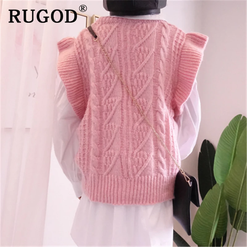 RUGOD, корейский стиль, без рукавов, женский свитер, жилет, модный, однотонный, с оборками, трикотаж, женский,, Auturm, витая, теплая женская одежда