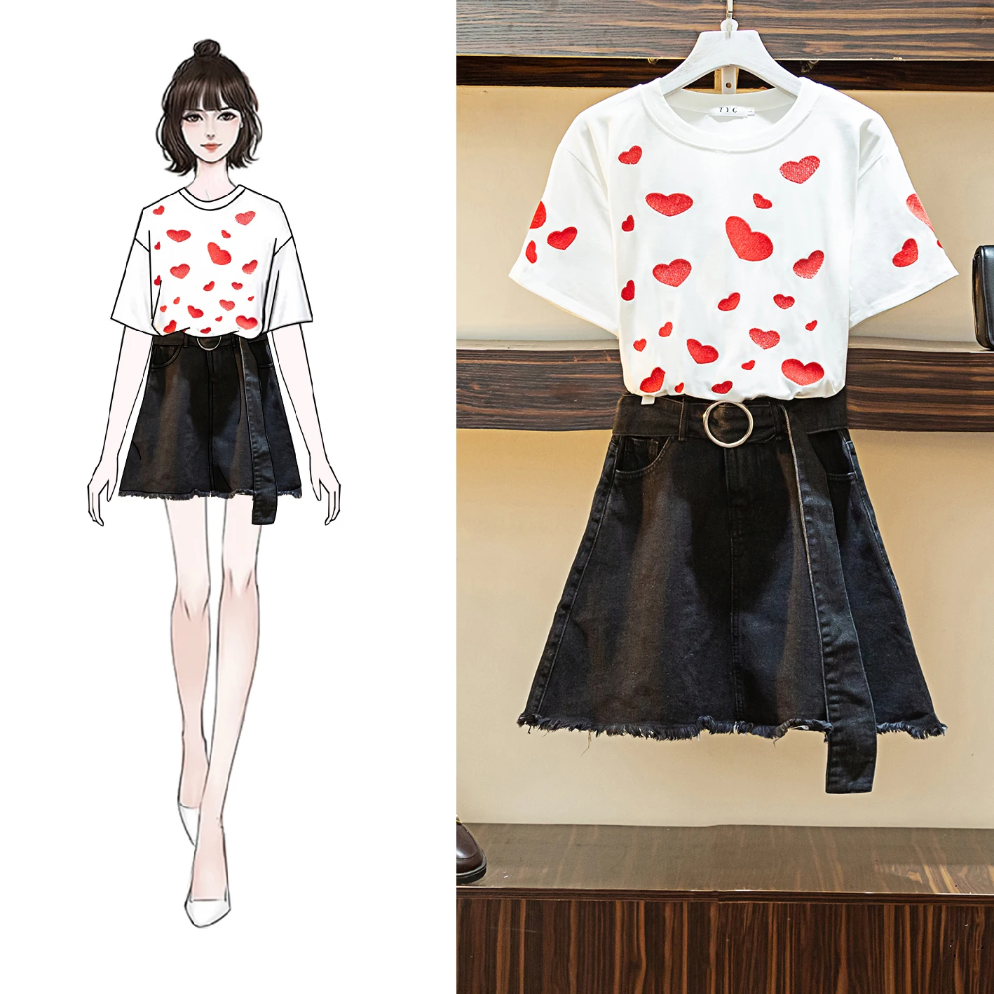 

2020 Summer Women's Two-piece Set Korean Casual Heart Print O-Neck Short Sleeve T-Shirt + Denim Skirt Female Outfits Sashes