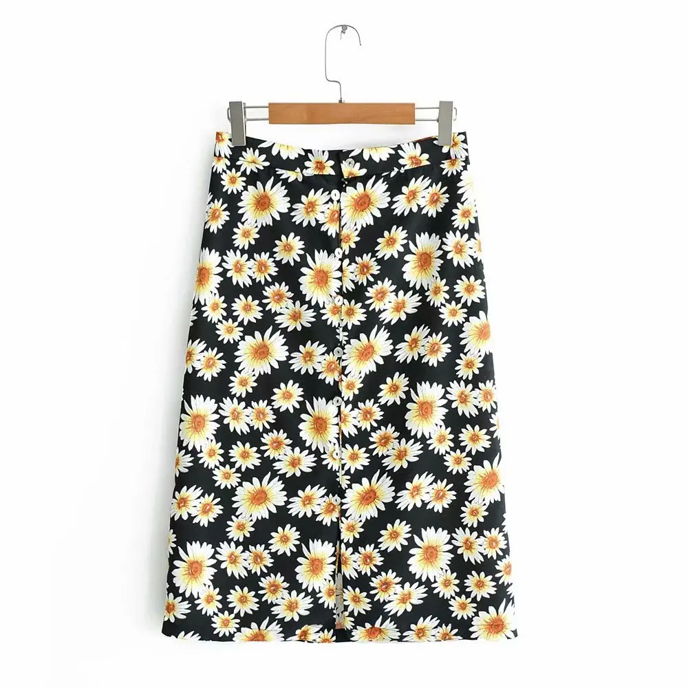 

2019 Spring And Summer New Skirt Western Style Daisy Printed Side Button Mid-length Slim Fit Versatile Skirt