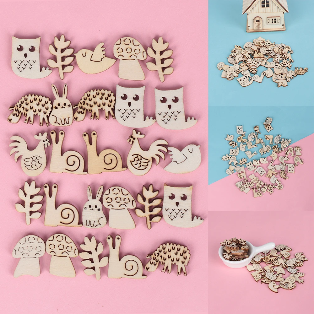 

50PCS Wooden Animal Pattern Laser Cut Flakes Snail Rabbit Scrapbooking Embellishment Ornaments Accessory Decor Crafts Tools