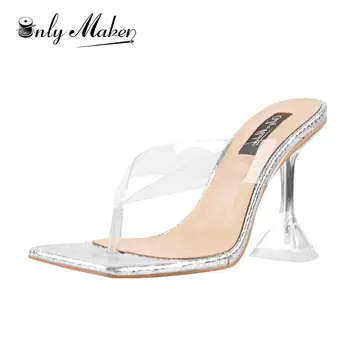 

Onlymaker Women's Clear Straps Square Toe Sandals Transparent Tapered High Heel Thong Sandals Snake Pattern Mules Big Size US5