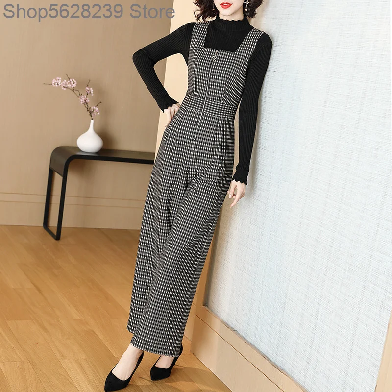 

Bib Female Wide Leg Temperament High Waist Slimming Loose Grid Woolen Siamese Pants Lian Underwear