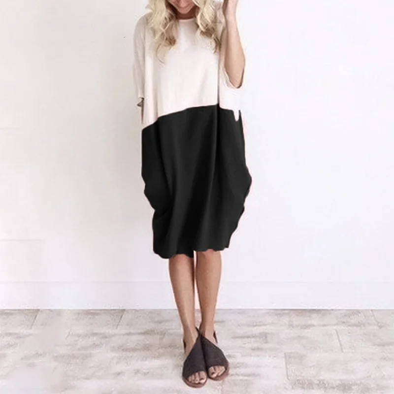 

NEW Women Casual Loose Dress Linen Patchwork Half Sleeve Solid Button Splice Pocket Dress Fashion summer dresses robe femme 2019