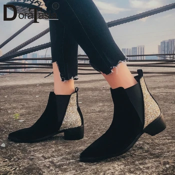 

DORATASIA Brand Girl Mixed Color Winter Ankle Boots Casual Daily Bling Boots Women Pointed Toe Slip On Med Heel Shoes Woman