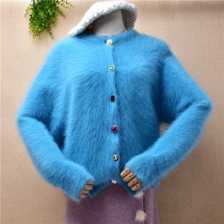

ladies women fall winter fashion blue hairy mink cashmere knitted loose cardigan angora rabbit fur jacket coat sweater pull tops