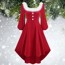 

Donsignet Womens Christmas Costumes 2021 Autumn and Winter New Long Sleeve Red Buttons Plush Princess Dress