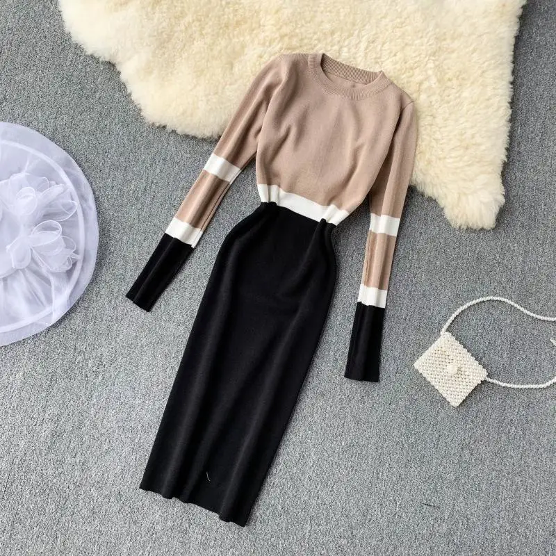 ALPHALMODA осенне-зимнее женское трикотажное платье хит цвета новое ретро с высокой талией цветное с длинным рукавом тонкое трикотажное цельное платье