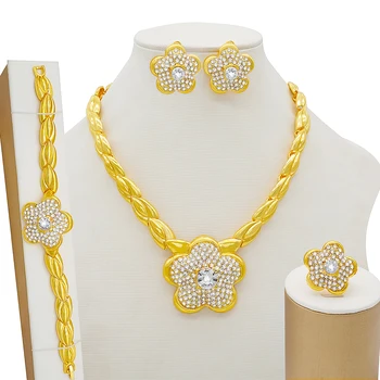 

Dubai Gold Big Jewelry sets for Women African Bridal Wedding Gift Party Necklace Flower Earrings Ring Bracelet Jewellery