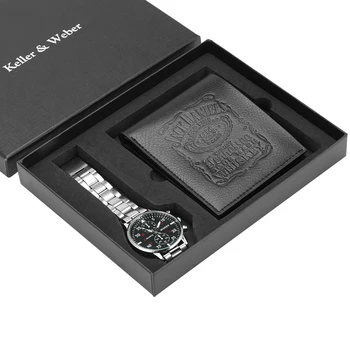 

Business Men's Quartz Watch Digital Number Display Stainless Steel Watch Band Soft Genuine Wallet Gift Set Money Purse for Male