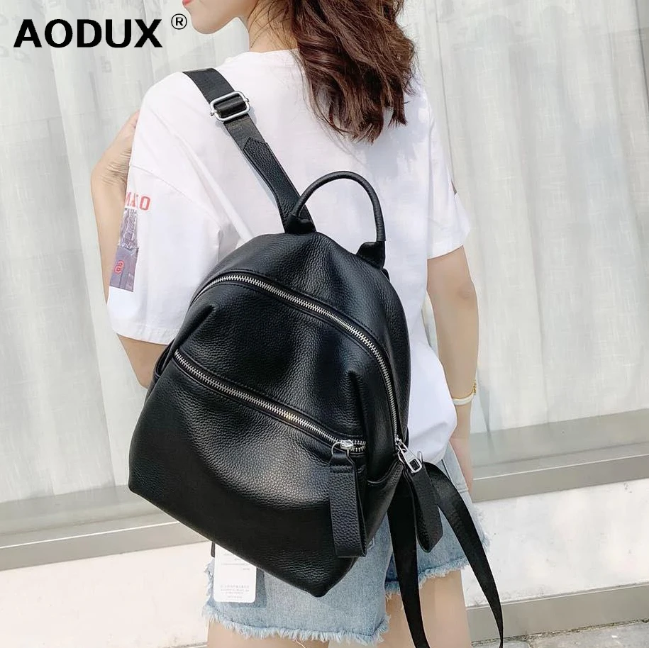 

AODUX 2019 Simple 100% Genuine Leather Women's Backpacks Lady Travel Shopping First Layer Cow Leather Female School Cowhide Bags