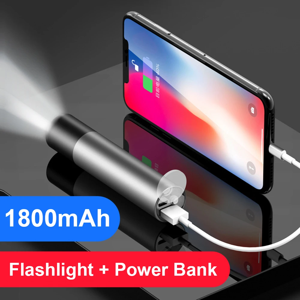 1800mAh USB Rechargable LED Flashlight with Power Bank 5 Modes Waterproof Emergency light Torch Portable Suit for Night Lighting