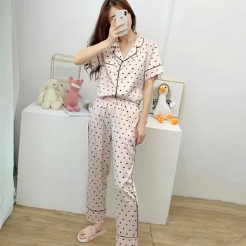 

Summer Femme Homewear Pink Love Print Women Pajamas Button Top+Trousers Pajamas Set Two Pieces Long Sleeve Loose Sleepwear Suit