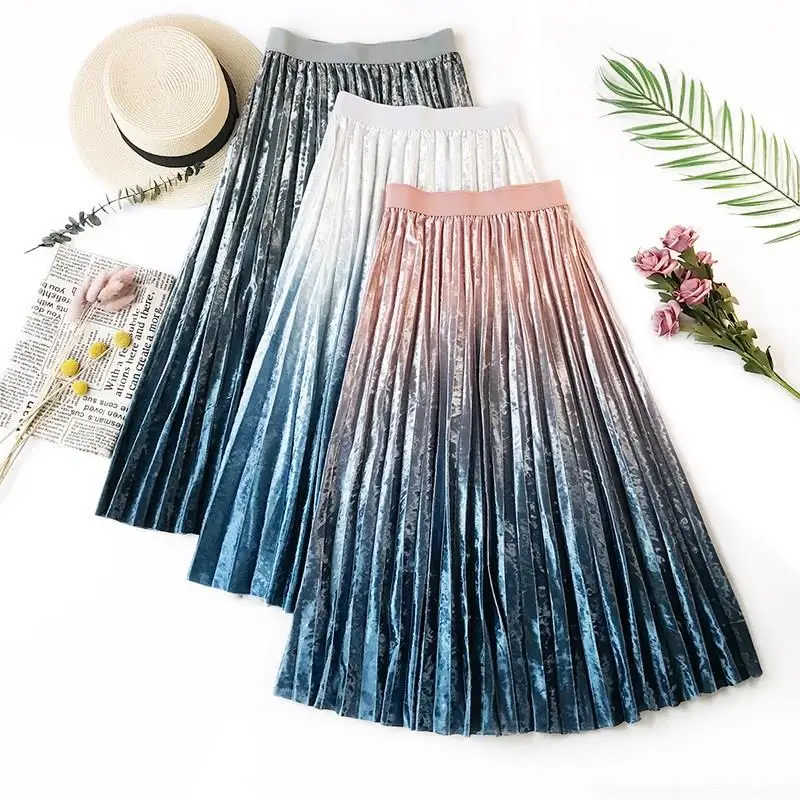

Warm Velvet Midi Skirt Women Autumn Winter 2019 Korean Gradient Skirt Empire Ladies High Waist Pleated Long Skirt