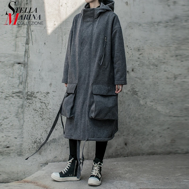 New 2019 Women Winter Korean Fashion Gray Hooded Trench Coat With Big Pocket Lady Unique Plus Long Jacket Windbreaker L1207C-49 |