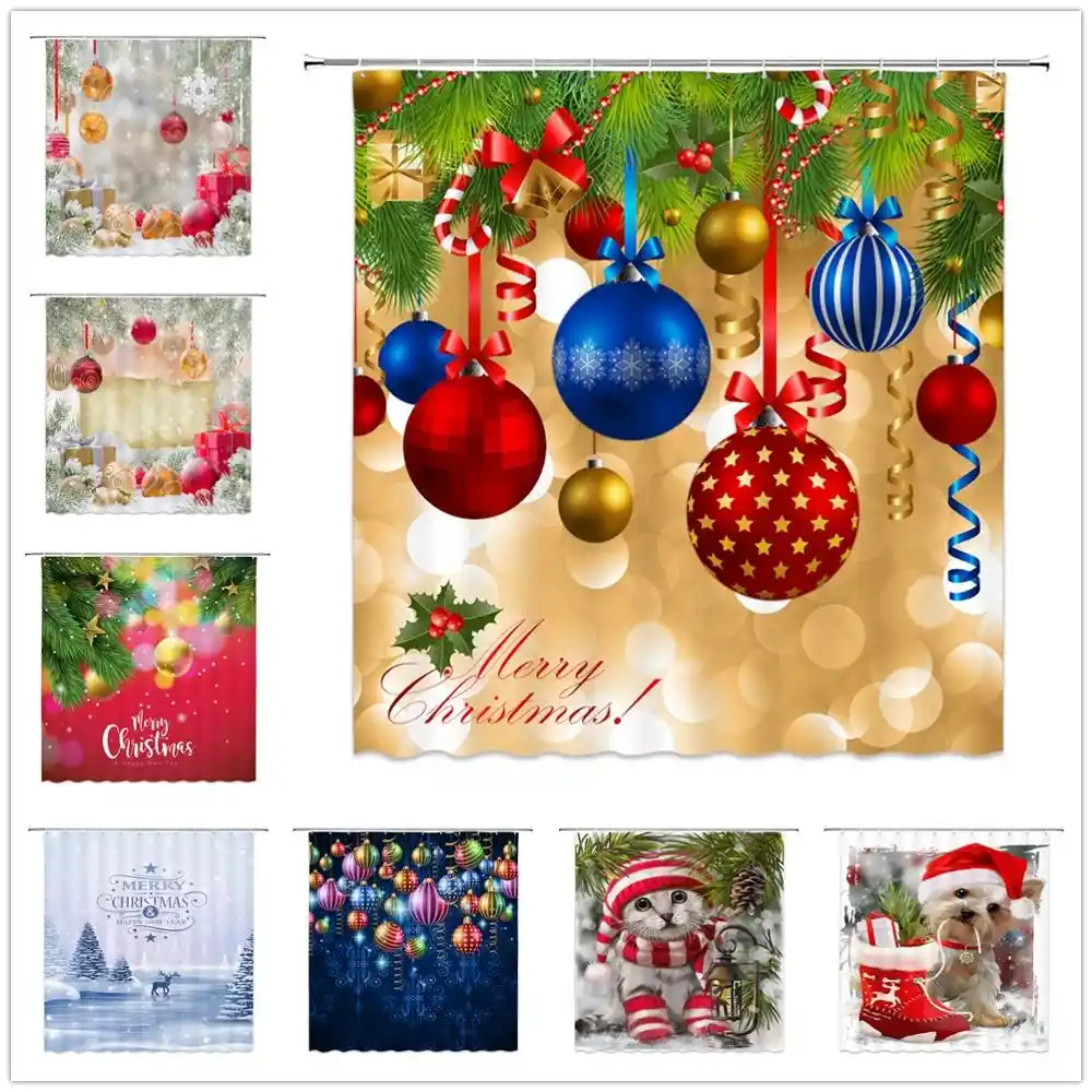 Christmas Shower Curtains New Year Holiday Bathroom Decor Xmas Tree Santa Claus Colored Balls Kids Bath Room Cloth Curtain Set Shower Curtains Aliexpress
