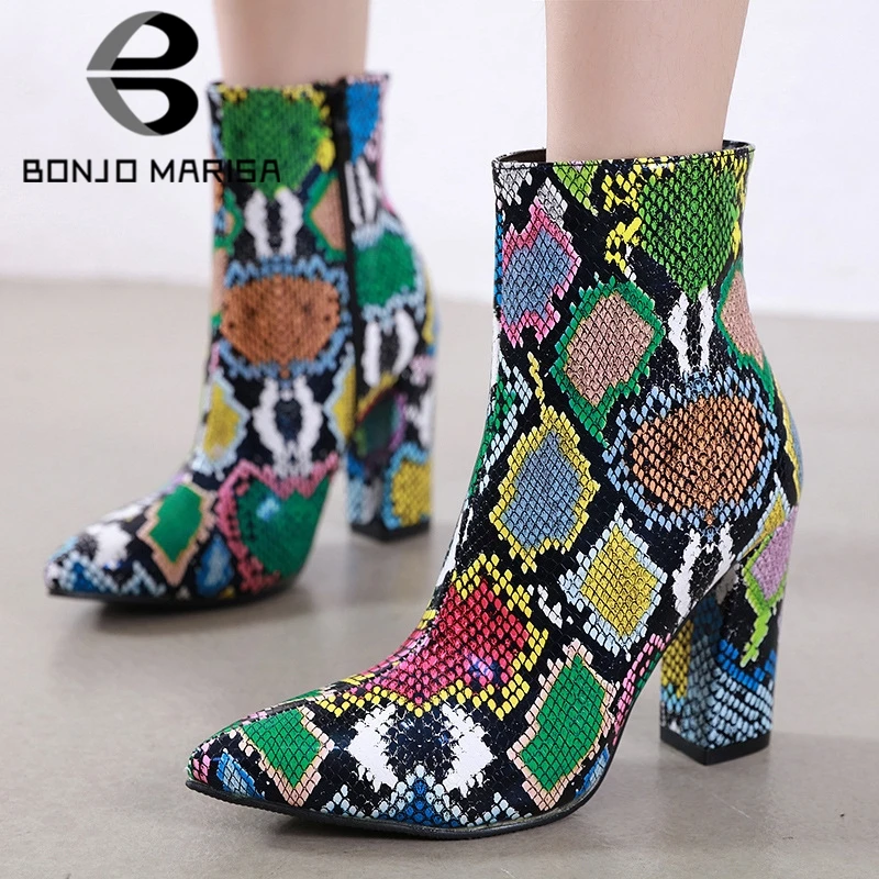 

BONJOMARISA New Trendy Colorful Snake Veins Booties Ladies High Heels Ankle Boots Women 2020 Party Evening Shoes Woman