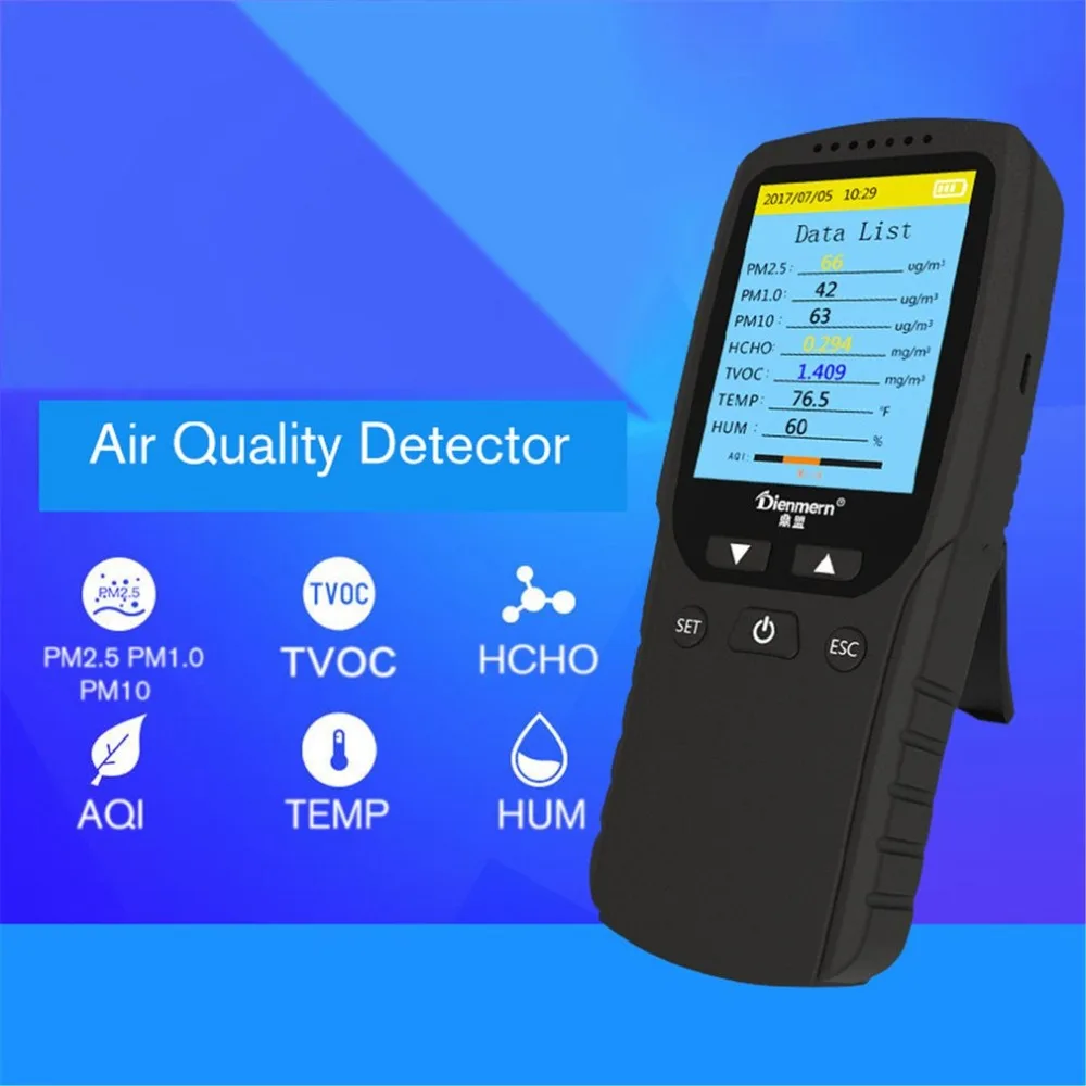 AQI анализа качества воздуха тестер PM1.0 PM2.5 PM10 нсно Температура Влажности Монитор-детектор газа анализатор измерительный инструмент
