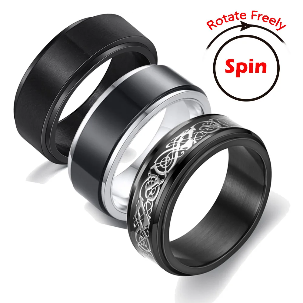 AnxietyFidgetSpinnerRingsforMenMaleBlackStainlessSteelSpinningRotateRingforWomen