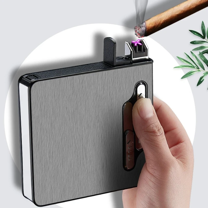 

20 Cigarettes Aluminum Alloy ABS Cigarette Case With Built-In Dual Arc Plasma Pulsed Lighter USB Charging Windproof Lighter Box