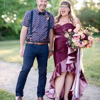 

YiMinpwp Grape Mermaid Prom Dresses Sweet Heart High Low Ruffles Velvet Long Formal Women Evening Party Gowns vestidos Custom