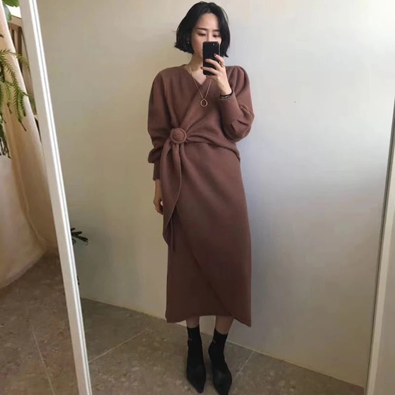 SHENGPALAE шикарное платье с v-образным вырезом и боковой петлей, тоньше, Vestidos, с высокой талией, с пряжкой, длинное шерстяное платье, женское платье, FV129