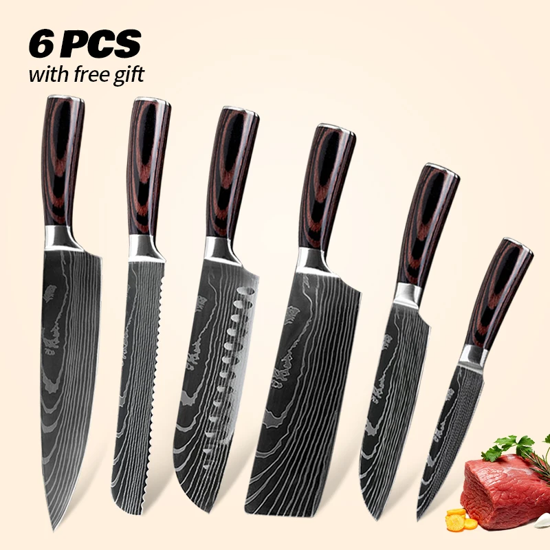 

Kitchen Knife Set 6Pcs Damascus 7CR17 Stainless Steel Japanese Chef Meat Cleaver Santoku Furit Paring Vegetable Bread Knives