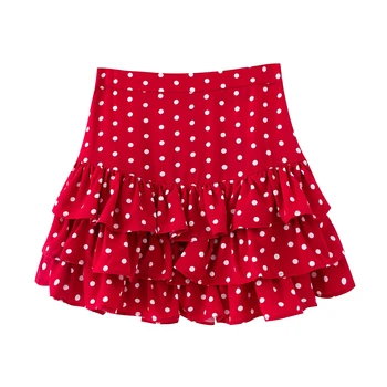 

New Women fashion polka dots print cascading ruffles A line skirt faldas mujer back zipper vacation vestidos mini skirts QUN618