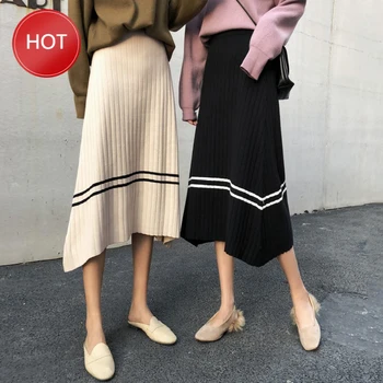 

Womens Apricot Elastic Waist Vintage Skirt Black Autumn Winter Knit Skirt Korean Chic A Line Stripe Casual Elegant Ladies Skirts