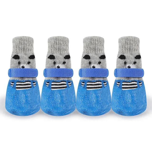 4Pcs/set Cute Pet Dog Shoes Rubber Cotton Socks Waterproof Non-slip Dog Rain Snow Boots Socks Footwear For Puppy Small Cats Dogs Blue Dog Shoes
