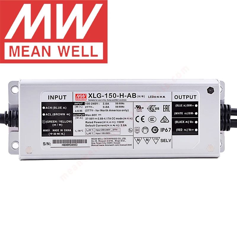 Mean Well XLG-150-H-AB Skyscraper/Street lighting meanwell 3 in 1 dimming 150W/27-56V/1400-4170mA Constant Power Mode LED Driver |