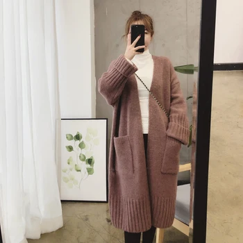 

2020 Autumn Winter Long Cardigan Female Solid Brown Thick Long Sleeves With Pockets Deep V-neck Casual Open Front Sweater Ladies