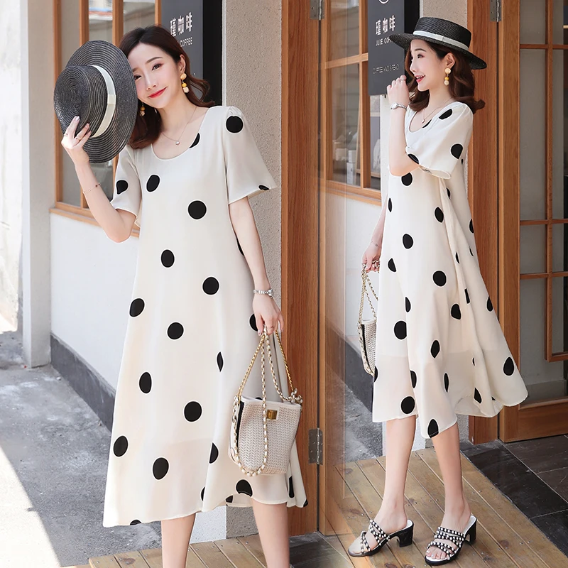 

1013# Summer Fashion Elegant Dot Printed Chiffon Maternity Long Dress A Line Charming Clothes for Pregnant Women Pregnancy Dress