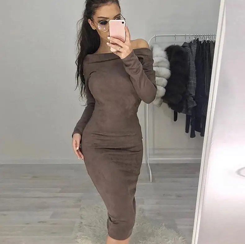 brown Платье с открытыми плечами, замшевое, с длинным рукавом, женское, миди, облегающее платье,, Осень-зима, женская сексуальная теплая одежда для вечеринки - Цвет: brown