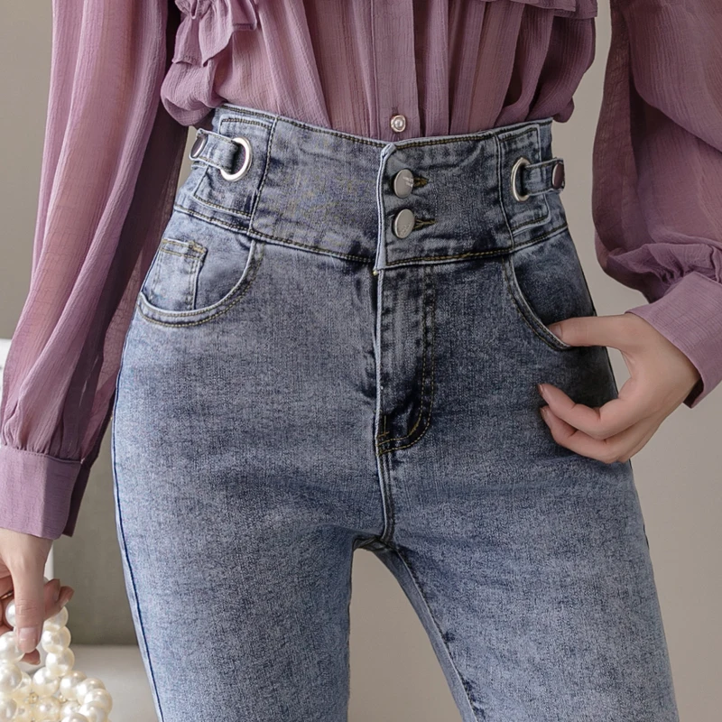 

Pockets Washed Denim Pants 2020 Autumn Winter Women's High Waist Elastic Pencil Pants Denim Skinny Slim Sexy Women Pants 75G