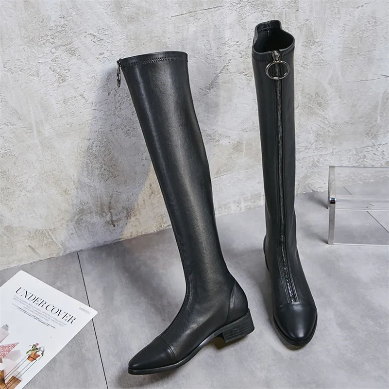 Meotina/Зимние Сапоги выше колена; женские ботфорты из натуральной кожи на блочном каблуке; пикантная облегающая обувь на молнии; женская обувь
