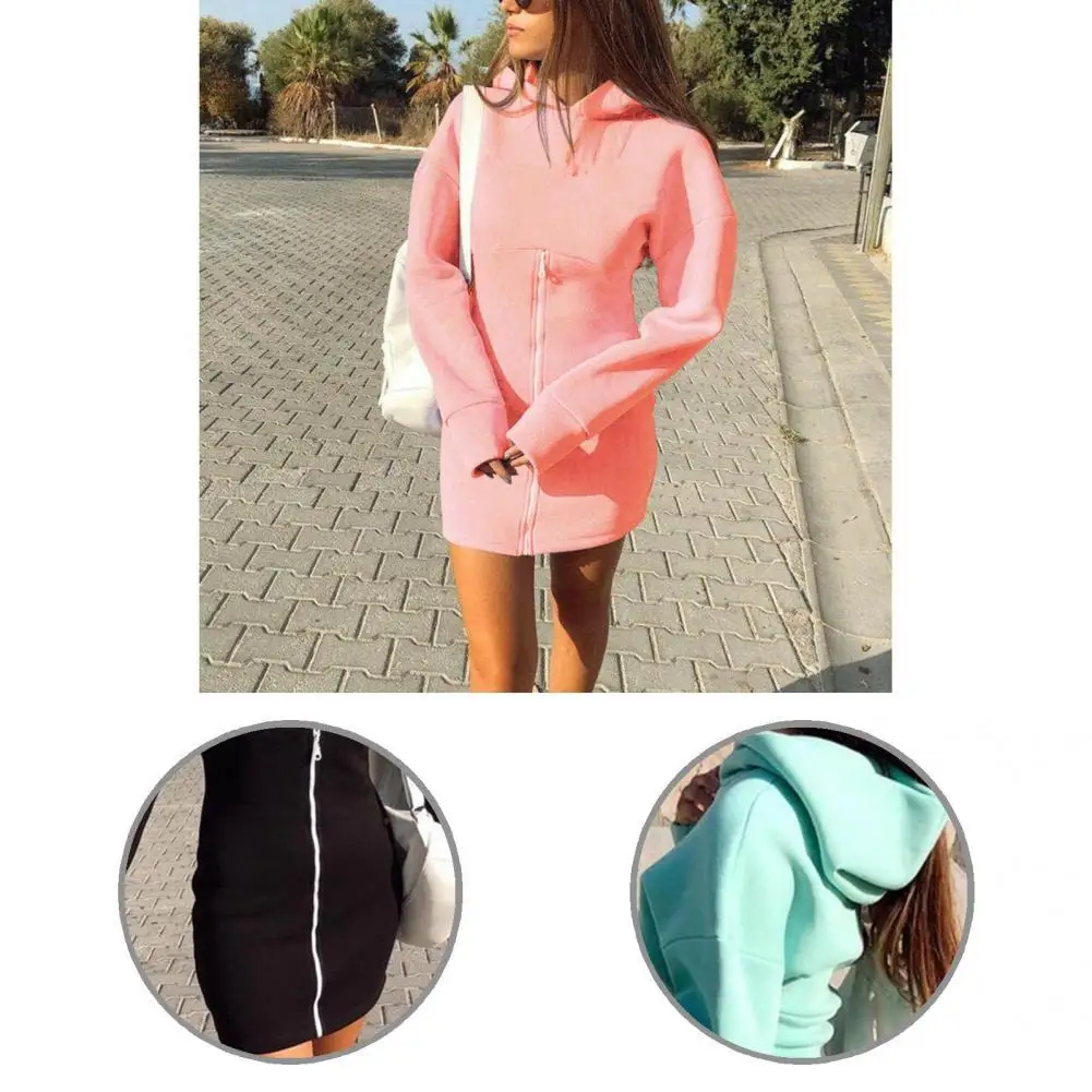 

Lady Dress Solid Color Sweatshirt Fit Long Sleeve Exquisite Fashion Dress Autumn Winter Front Zipper Womens Streetwear