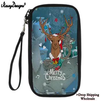 

Christmas Elk Printing Custom Holder Wallet Portable Full Closure Zipper Women Travel Organiser Passport Small Soft Document Bag