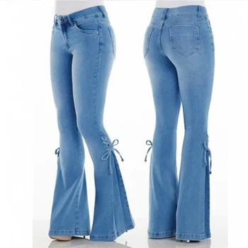 

High Waist Flare Jeans For Women Skinny Womans Jeans Female Wide Leg Lace-up Denim Mom Jeans Large Sizes Push Up Ladies Pants