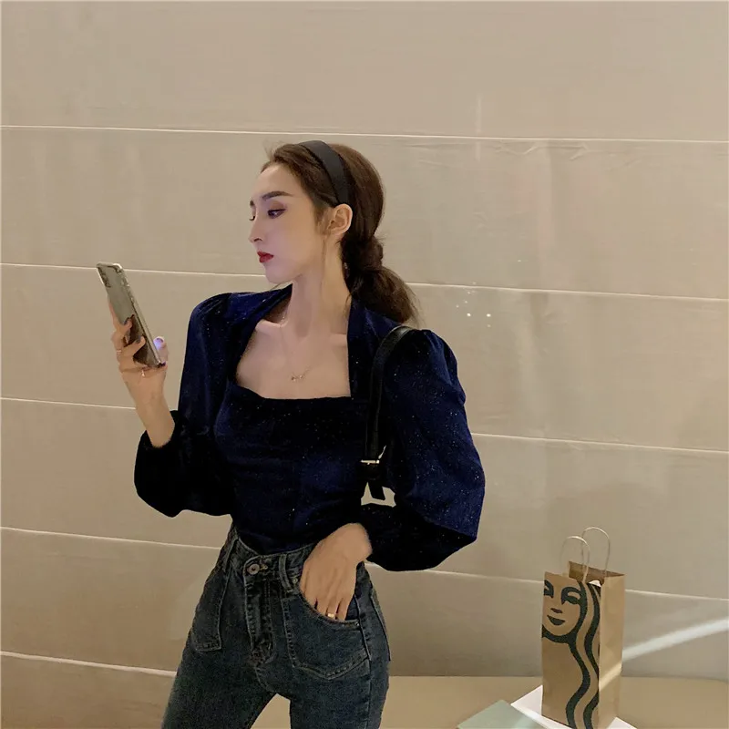Звездное небо Bling Velours рубашка женская укороченный топ с квадратным вырезом и пышными рукавами Сексуальная футболка с принцессой Женская сорочка Camiseta Feminina