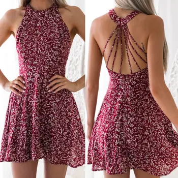 

Sexy Women Boho Halter Floral Mini Dress Summer Beach Holiday Sundress Ladies Slim Sleeveless Backless Fashion Streetwear