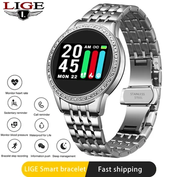

LIGE New Steel Belt Smart Watch Women Heart Rate Blood Pressure Monitoring Multi-Function Mode Waterproof Sport Smartwatch+Box